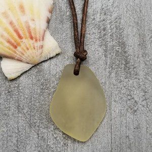 Small Puff Yellow Sea Glass Leather Cord Necklace Unisex Jewelry Gift